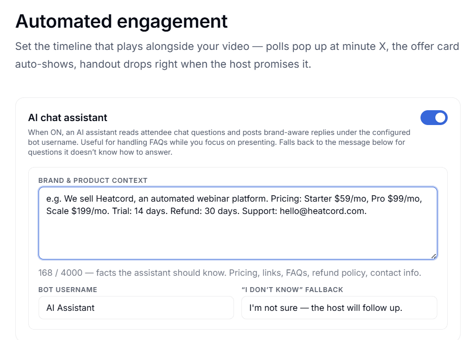 Heatcord automated engagement settings with an AI chat assistant that answers attendee questions live using your brand and product context