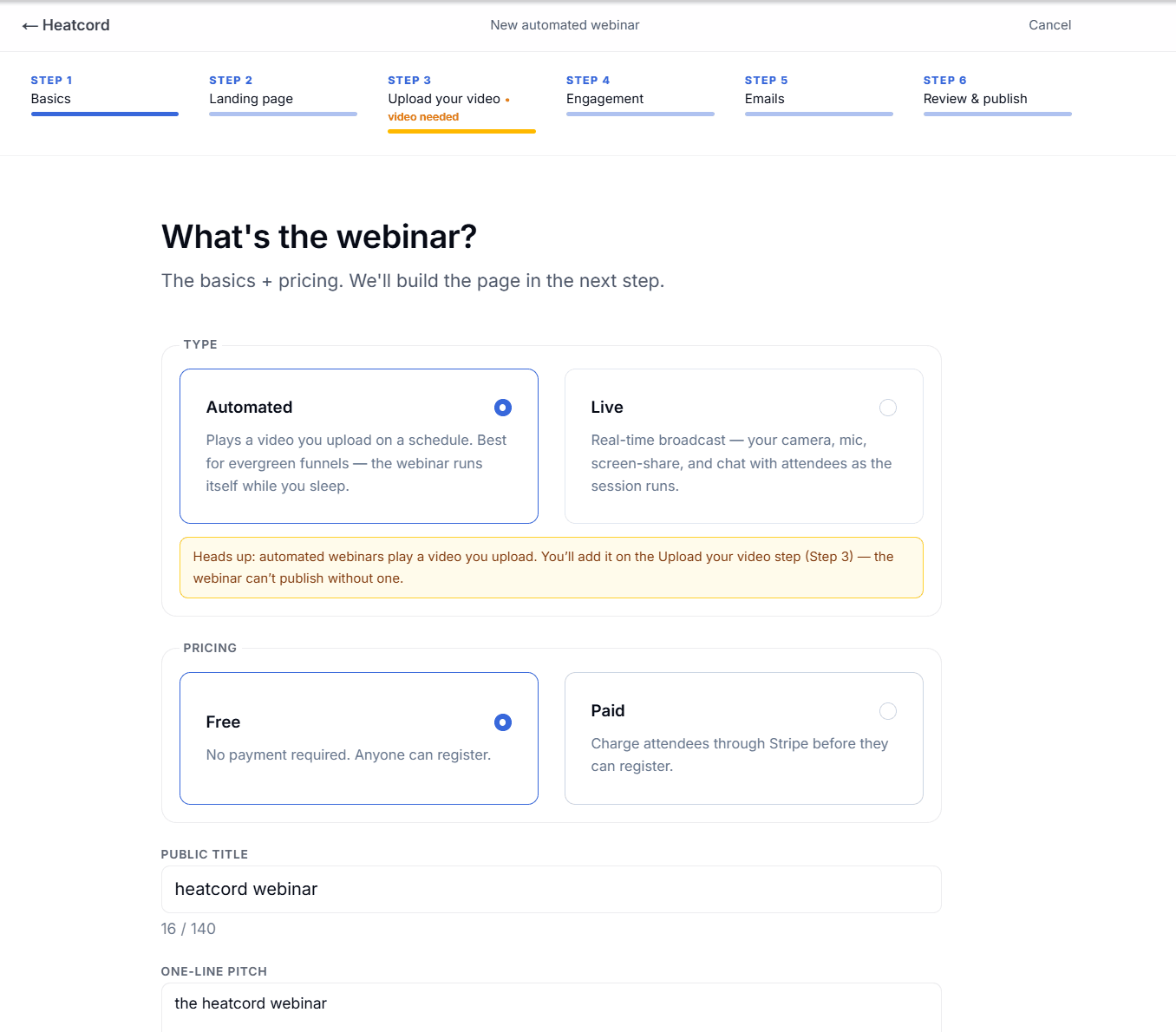 Heatcord create-webinar wizard with six steps (Basics, Landing page, Video, Engagement, Emails, Publish) and Automated vs Live, Free vs Paid options